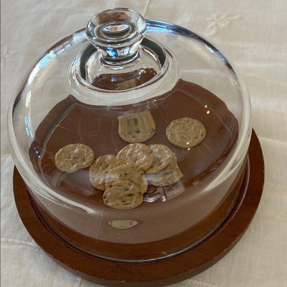 Footed Glass Cookie/Dessert Cloche VTG MCM Good Wood Footed Dessert/Cheese Tray